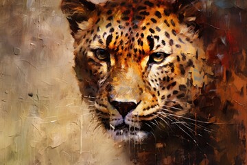 Leopard  form and spirit through an abstract lens. dynamic and expressive Leopard print by using bold brushstrokes, splatters, and drips of paint. Leopard raw power and untamed energy