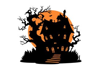 Halloween illustration with silhouette of house at glowing moon and dead trees, bats.