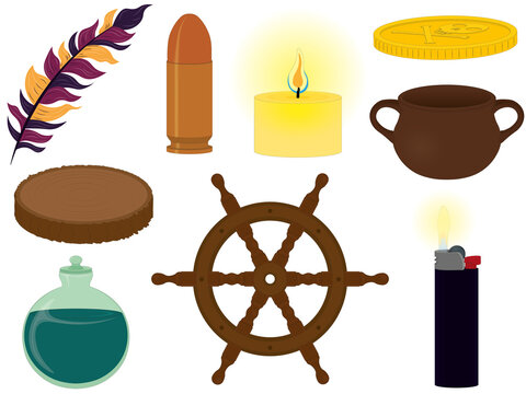 Collection of different items and objects for compositions and collages