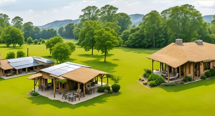 Photo of a modern-designed house situated in the picturesque middle of a vast field - Powered by Adobe