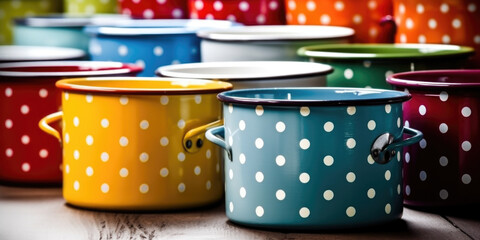  Colorful enamel cooking pots with dots