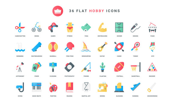 Outdoor and indoor leisure fun activity for weekend with arts and music, photography and online video game, sport and yoga, handcrafting. Hobby trendy flat icons set vector illustration
