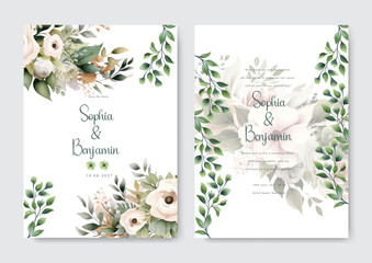 White flower floral vector elegant green leaves wedding invitation card template