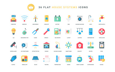 Fototapeta na wymiar Systems of house to control temperature, energy and remote digital access, symbols of appliances and furniture, security mobile devices. Smart home trendy flat icons set vector illustration