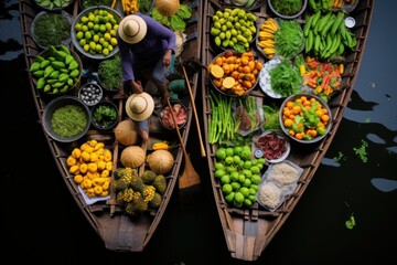 Floating market, Farmer go to sell organic products, fruits, vegetables. Generative AI