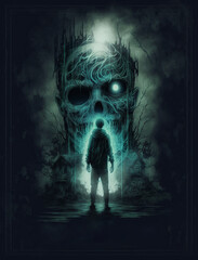 Scary ghost skull and silhouette in night street for paranormal poster. Frightening creepy fantasy Halloween. Generative AI
