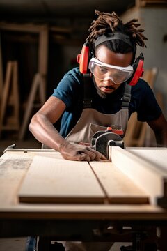 Above and Beyond Carpentry. Afro american carpenter sawing up of a wooden board on a sliding table saw.Labor day concept