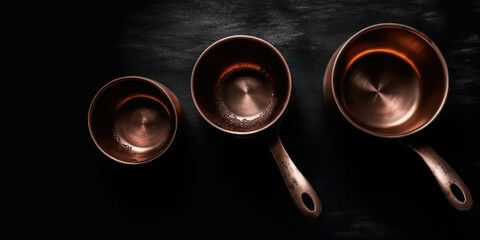 Set of copper cookware  over dark background