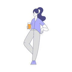 Relaxed Woman Character Standing in the Park with Drink in Hands Vector Illustration