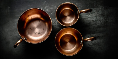 Set of copper dishes over dark background