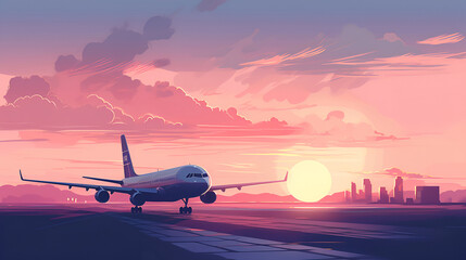 Fototapeta na wymiar Passenger plane landing on the runway of the airport in the city against the backdrop of a sunset in pink and purple colors. illustration. Generation AI