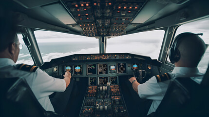 The cockpit of a modern passenger aircraft with a control panel, Pilots control the aircraft and fly over the city. Outside the cockpit, a blue cloudy sky is visible. Generative AI. - obrazy, fototapety, plakaty