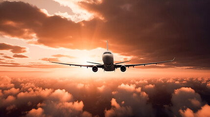 Passenger plane flies among clouds of sunset sunbeams in pink and purple tones. Top view. The concept of travel and passenger transportation. Generation AI