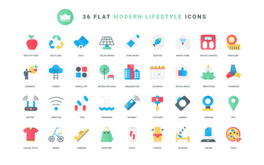 Symbols of youth and social media, sports and fitness, smart mobile apps control weight and sleep, food for body health. Modern healthy lifestyle trendy flat icons set vector illustration