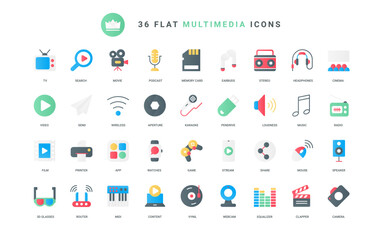 Movie cinema theatre and camera, 3D glasses and speakers, headphones and gamepad. Multimedia technology, TV, video and music production trendy flat icons set vector illustration