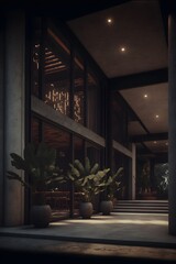 a cinematic film still of wabi sabi minimal warm hotel entrance designed by Tadao Ando asymmetrical mexican wood carvings twilight tropical plants oasis warm atmosphere teak natural materials pink 