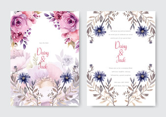 Set of beautiful rose elegant pink flower watercolor wedding invitation design template