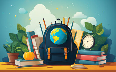 Back to school illustration with a backpack, books, and pens around created with Generative AI technology
