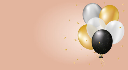 Vector background with festive realistic 3d balloons of gold, black color on a festive background.Stylish poster, cover, banner, website, mobile application, card for greetings, invitations, printing