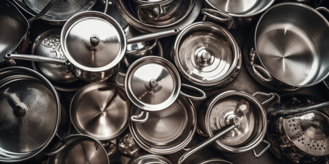 Inox cooking pans and pots, top view 