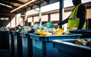 Male worker sorting recyclable materials into separate bins in a recycling facility, showcasing the importance of waste segregation and recycling - Powered by Adobe