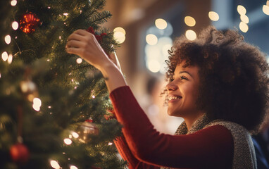 Young afro-american woman decorating Christmas tree, smiling with delight and embracing the joy of celebrating the holiday alone, during a festive day
