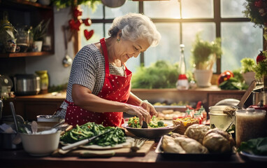 Elderly woman cooking a delicious holiday meal, wearing a festive apron and surrounded by ingredients and kitchen utensils