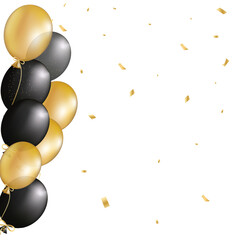 Festive design with realistic gold and black balloons, shiny confetti. On dark background. Stylish poster, cover, banner, website, mobile app, for greeting card or party invitation