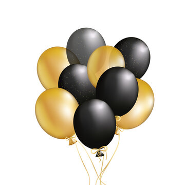 Festive design with realistic gold and black balloons. Stylish poster, cover, banner, website, mobile app, for greeting card or party invitation