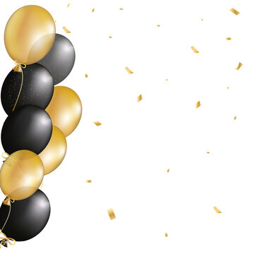 Festive design with realistic gold and black balloons, shiny confetti. On dark background. Stylish poster, cover, banner, website, mobile app, for greeting card or party invitation