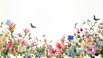 Obraz na płótnie Canvas Flowers and butterflies border created with Generative AI technology