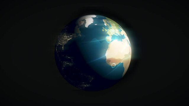 Worldwide network connects all countries on rotating globe in space. Background animation