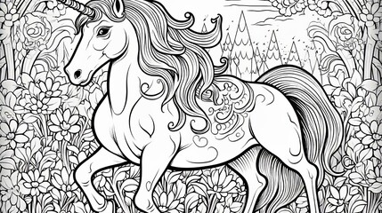 Obraz na płótnie Canvas Children's coloring with a unicorn, black and white graphics with a curly pattern. The development of motor skills of children with drawings. Generative AI 