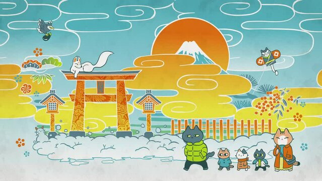 日本の冬のイメージ。可愛い手描きループアニメーション。めでたいモチーフ（富士山・日の出・稲荷・凧）