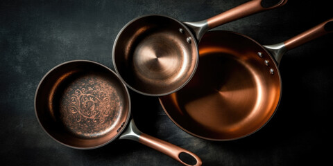 Copper pans over dark background