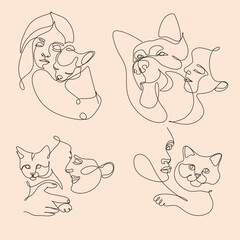 Friendships between humans and animals in line art style vector. Cat or dog with human continuous line minimalist logo. 