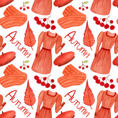 Watercolor pattern, leaves, berries, text, clothes, accessory on white background. For various products, wrapping, etc.