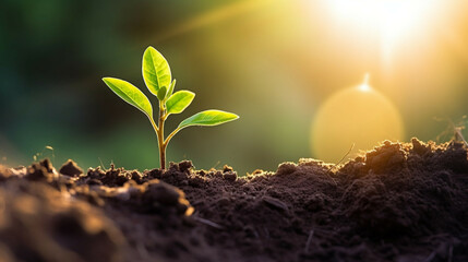 Green seedling illustrating concept of new life and sustainable development with sunlight.Earth Day or World Environment Day. Save the environment and global climate change.Carbon credit concept.