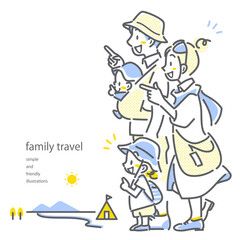 夏休みの家族旅行　ポップでお洒落な線画イラスト