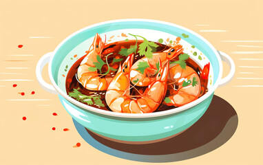 Asian shrimp and vegetable soup in a bowl created with Generative AI technology