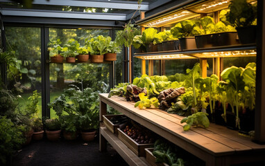 Sustainable garden with homegrown vegetables and herbs created with Generative AI technology