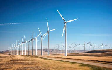 Wind park with rows of wind turbines generating clean energy created with Generative AI technology
