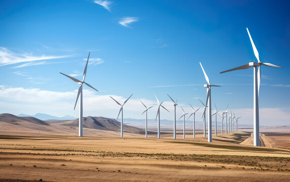 Wind park with rows of wind turbines generating clean energy created with Generative AI technology