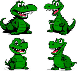 Set of four happy and funny crocodiles in children's illustration style