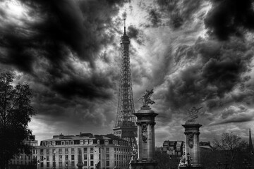 Paris Eiffel Tower in black and white on a stormy day