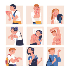 Skin Problems with People Character Suffering Scratching Itching Skin Vector Set - obrazy, fototapety, plakaty