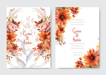 orange rose flower floral elegant wedding invitation watercolor