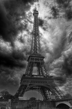 Paris Eiffel Tower in black and white on a stormy day
