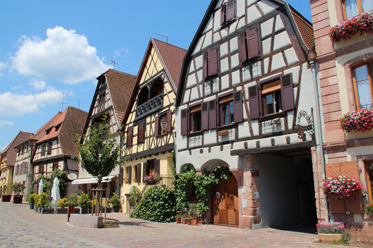 square and half-timbered houses in bergheim in alsace (france)