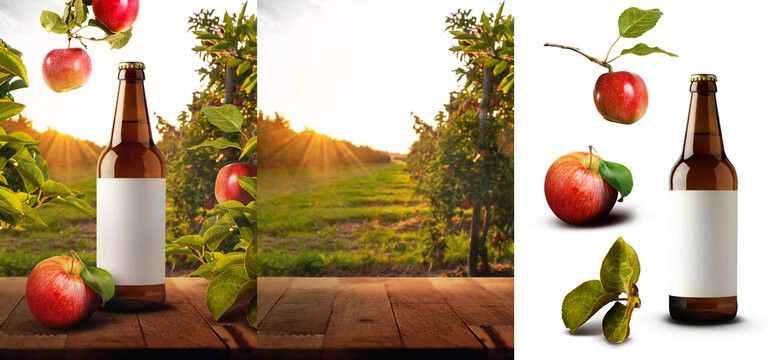 Realistic apple trees display with isolate png fruits and leafs and bottle mockup on wooden table